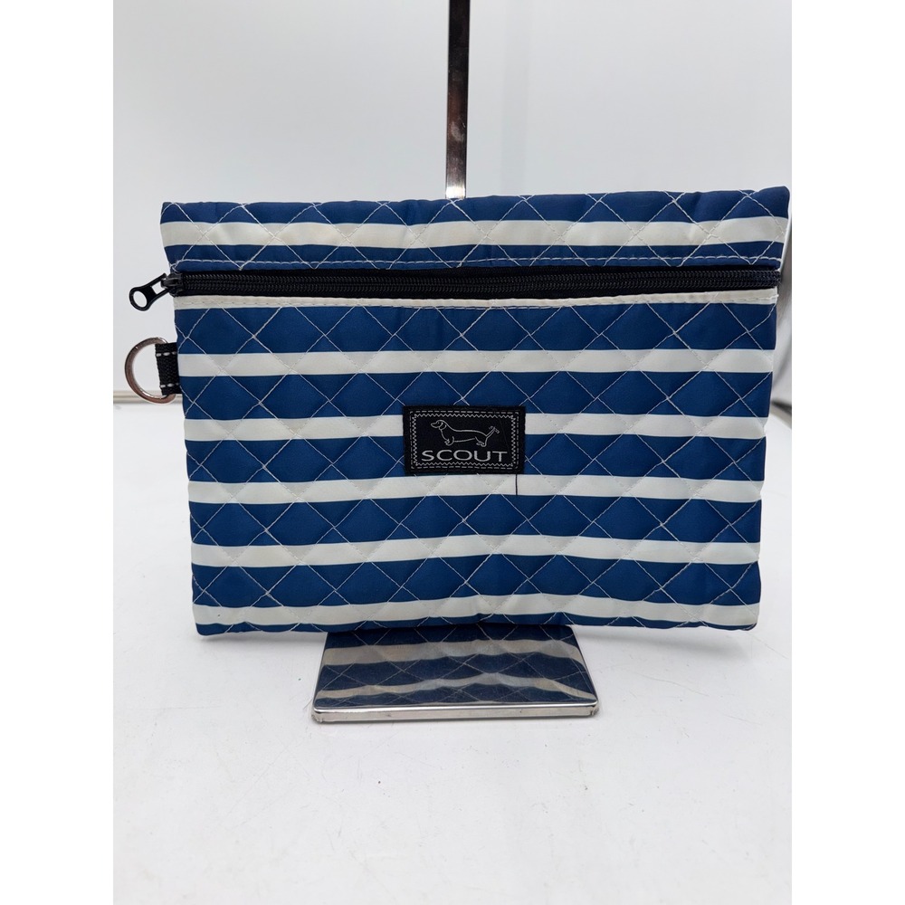 Scout Quilted Zipper Pouch Navy Blue White Nautical Stripe D-Ring Accessory Bag